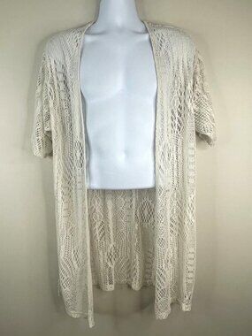 Womens Boho Beach Crochet Mid Length Cardigan Sweater 1X Ivory Neutral Travel